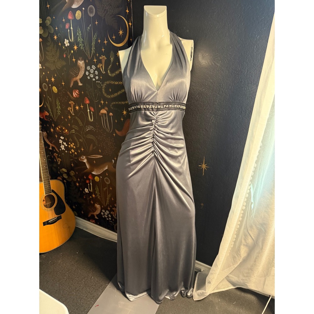 Vintage Gray Halter Neck Prom Dress Rhinestone Empire Waist Ruched Maxi Gown